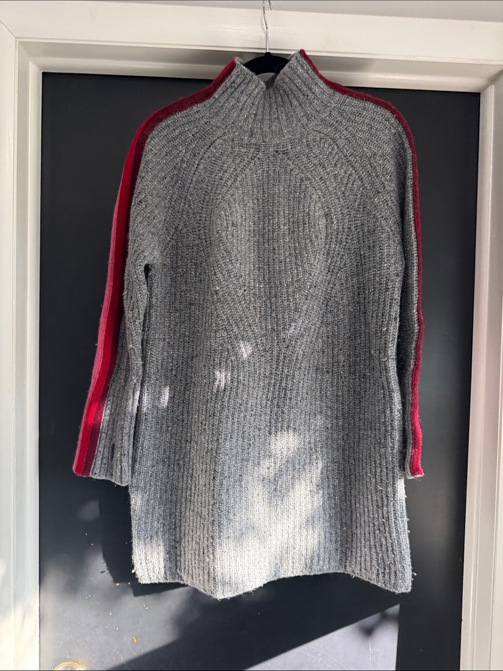 Krimson Klover Grey Ribbed Turtleneck with Red Sleeve Stripes